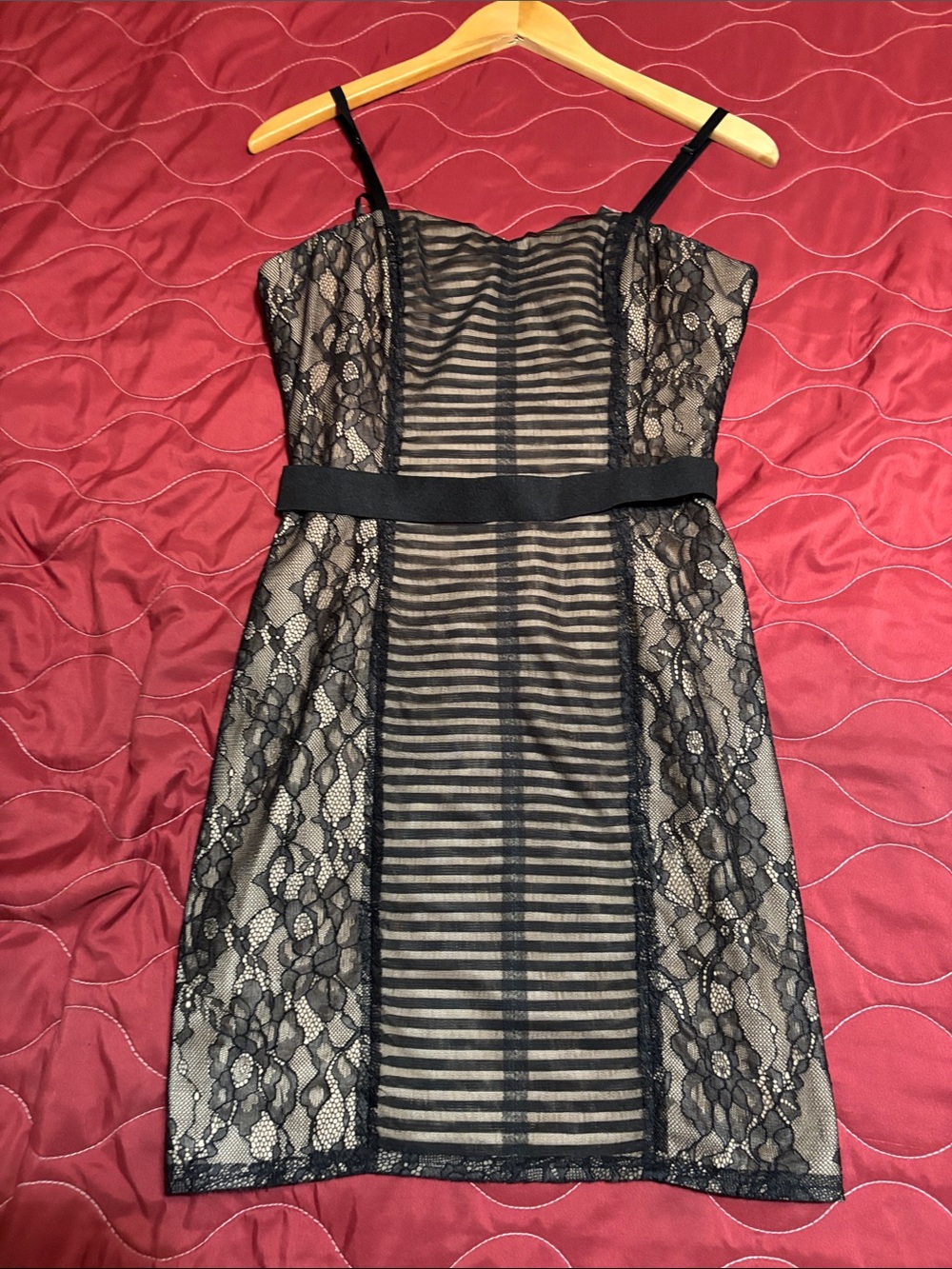 BCBGMaxAzria Black Lace & Striped Mesh Mini Dress